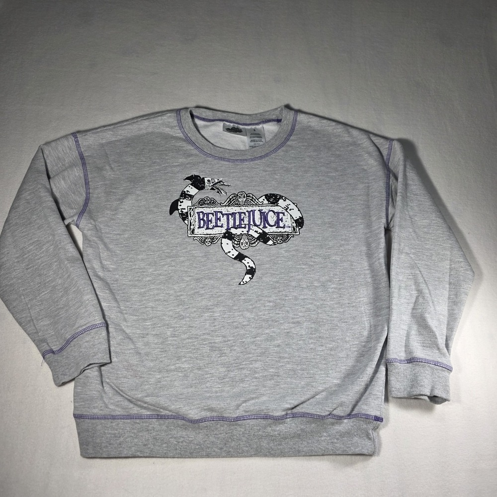 Beetlejuice Sweatshirt S Women's Gray Front Back Graphic Embroidered Long Sleeve